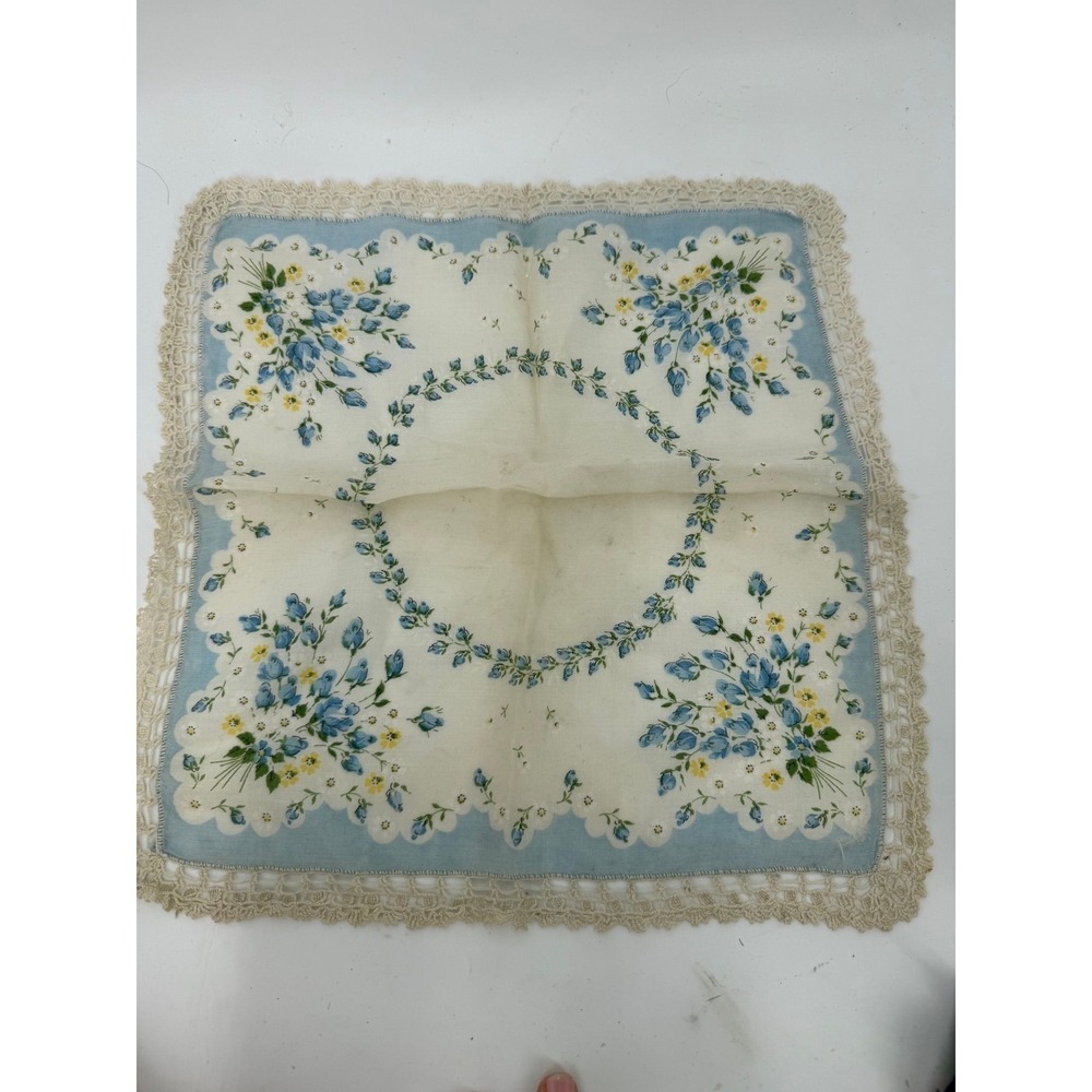 1.1.1.1.1 vintage Handkerchief Blue white yellow and‎ green croquet lace trim